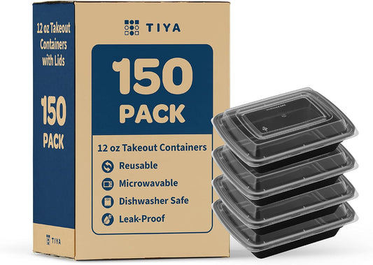 TIYA Food Containers - 12 oz Bulk 150 Pack with Lids - Rectangular Plastic To-Go Containers - Reusable, Microwavable, Dishwasher Safe - Leak-Proof for Meal Prep - BPA-Free
