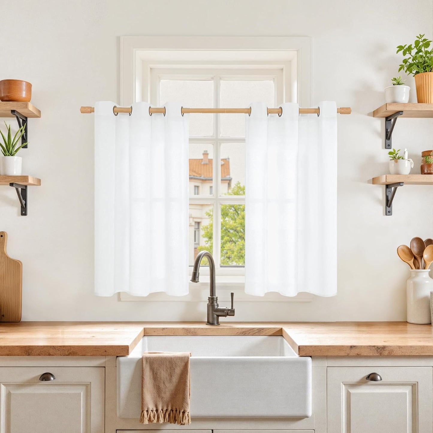 YoungsTex Small Linen Curtains 36 Inches Length for Kitchen - White Light Filtering Drapes with Bronze Grommet Light Filtering for Cafe/Half Window Short Curtain Decorative, 34 x 36 Inch, 2 Panels