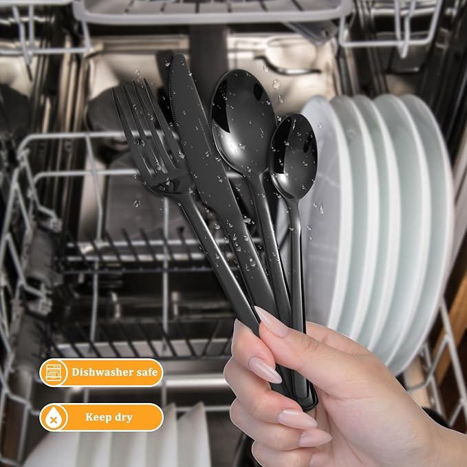 KOOMADE-Elysian -24 Piece Set Black Stainless Steel Home Kitchen Flatware Include Forks Spoons Knives Great for Family Gatherings & Daily Use