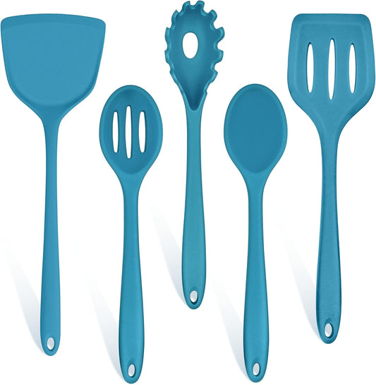 TeamFar Cooking Utensils Set, Silicone Kitchen Utensils of 5, Cooking Spoons Turners Pasta Server for Nonstick Cookware, Healthy & Heat-Resistant, Seamless & Non-Scratch, Dishwasher Safe, Dark Blue