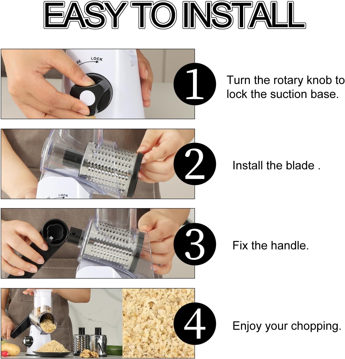 Ourokhome Rotary Cheese Grater Hand Crank, Kitchen Shredder Speed Mandolin Slicer Nuts Grinder with Handle and Drum Blades for Cheese, Vegetable, Walnuts, Chocolate, Potato, 3 Blades, White Black