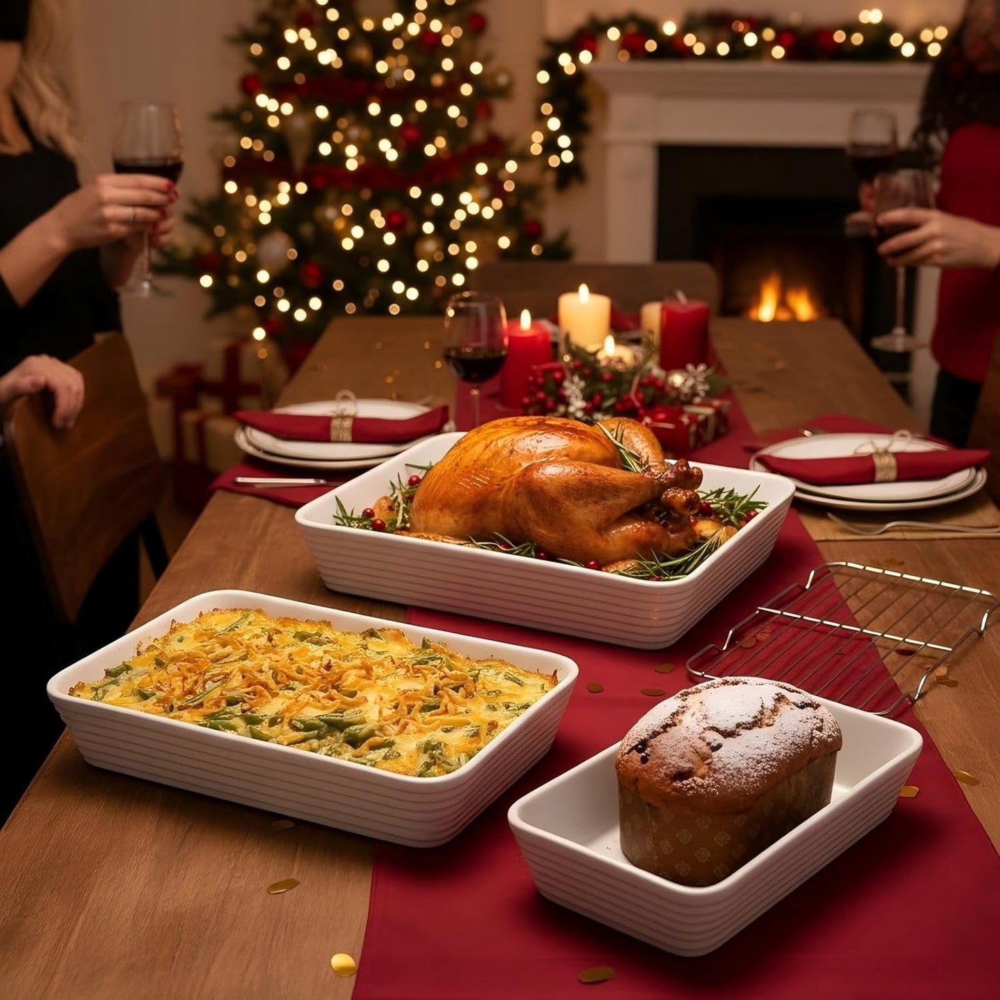 ONEMORE Casserole Dishes for Oven, Ceramic Baking Dish Set of 3 with Roasting Racks Rectangular Large Deep Lasagna Pan without Handles Porcelain Baking Pan with Rack for Oven Cooking (3QT/2.1QT/1.3QT)