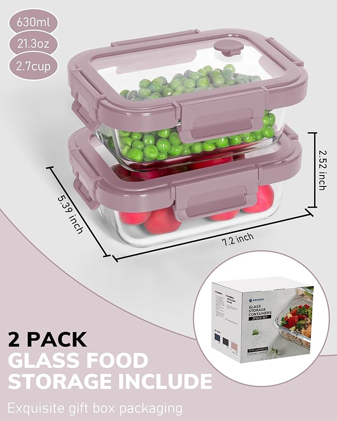 2-Pack Glass Food Storage Containers with Tempered Lids (21.3oz/2.7cup) - Airtight Snap Lock, Microwave & Oven Safe (-4℉~ 950°F), Freezer to Baking Dish, BPA-Free, Gift Box (Pink)