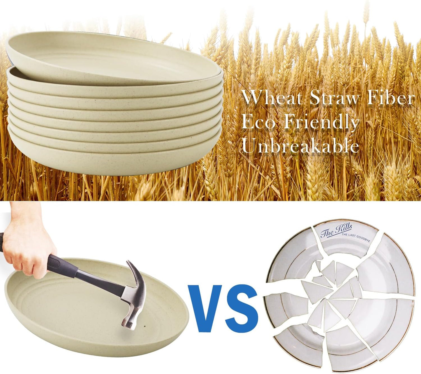 Wheat Straw Dinner Plates Set of 8, 10 Inch Beige, Lightweight & Unbreakable, Microwave & Dishwasher Safe Kids Plates