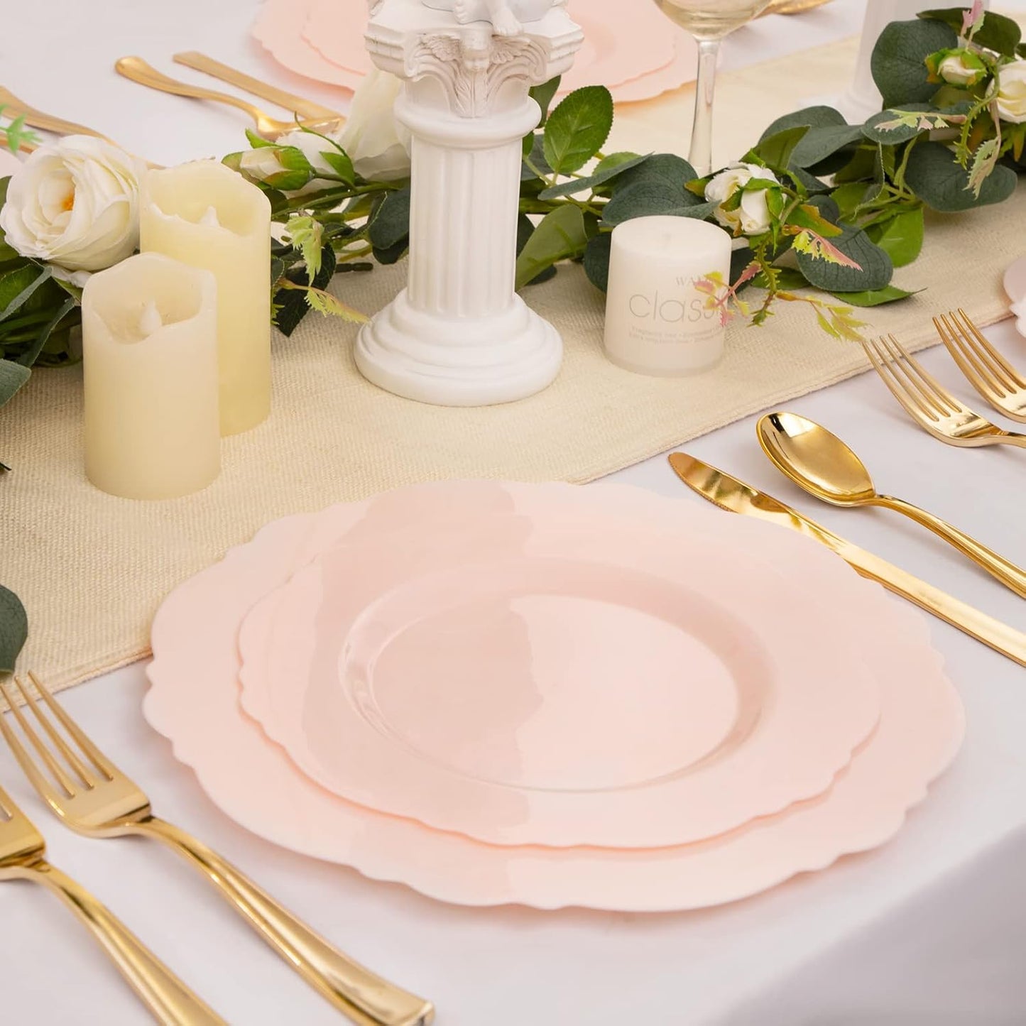 WDF 60pcs Pink Plastic Plates - Baroque Pink Disposable Plates Including 30 Dinner Plates 10.25inch, 30 Dessert Plates 7.5inch for Upscale Wedding &Parties