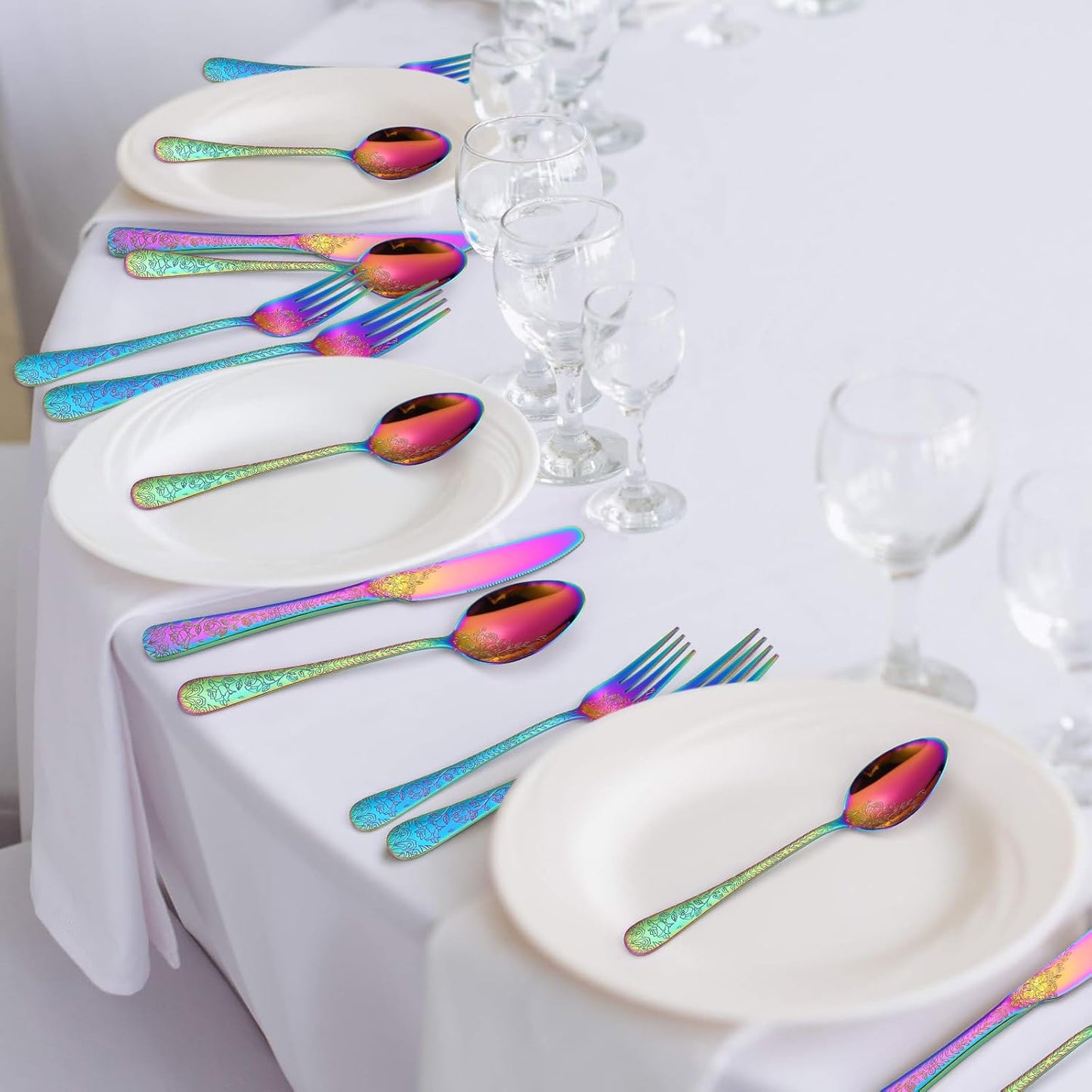 Embossed Flatware Set Rainbow 30 Piece Stainless Steel Silverware for 6 Cutlery with Floral Design Eating Utensils for Weddings Parties Festival and Restaurants Kitchen Daily Use