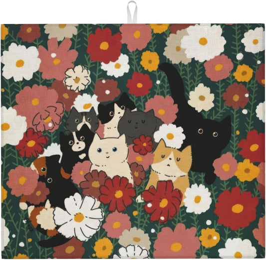 Cute Cat Flowers Dish Drying Mat 16x18 Inch, Microfiber Absorbent Fast Dry Mat Colorful Floral Large Dish Mat Drying Kitchen Mat, Kitchen Drying Pad for Kitchen Counter Coffee Bar Decor Gifts