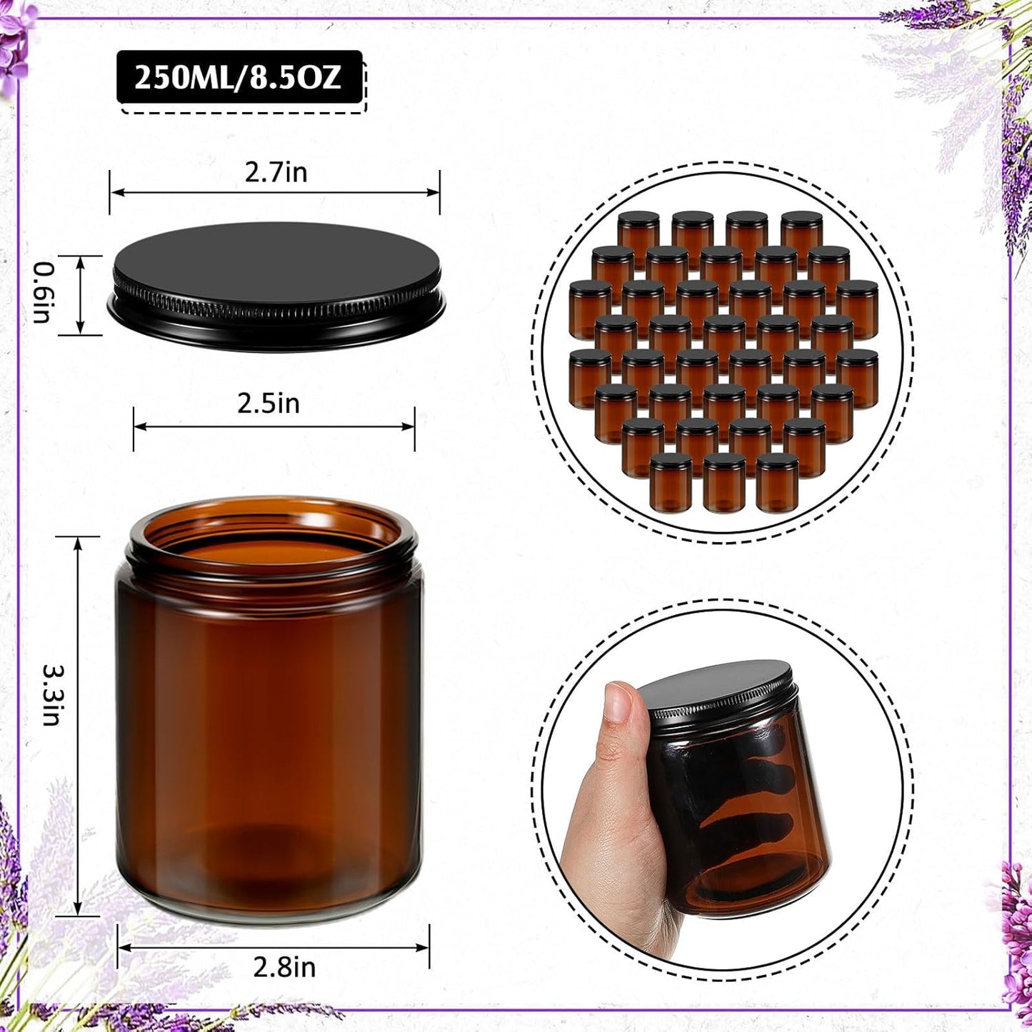 Lallisa 48 Pcs 8 oz Amber Glass Jars with Black Lids Round Glass Cosmetic Jars with Lids Empty Amber Containers Refillable Food Storage Containers for Spice Powder Liquid Sample Makeup