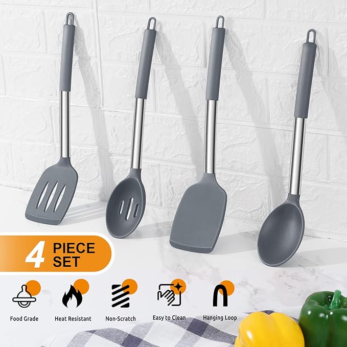 Cooking Utensils Set of 4, E-far Silicone Kitchen Utensils for Non-stick Cookware, Heat Resistant & Non-toxic Slotted Spatula Solid Spoon Turner for Flipping Mixing Serving Basting(Grey)