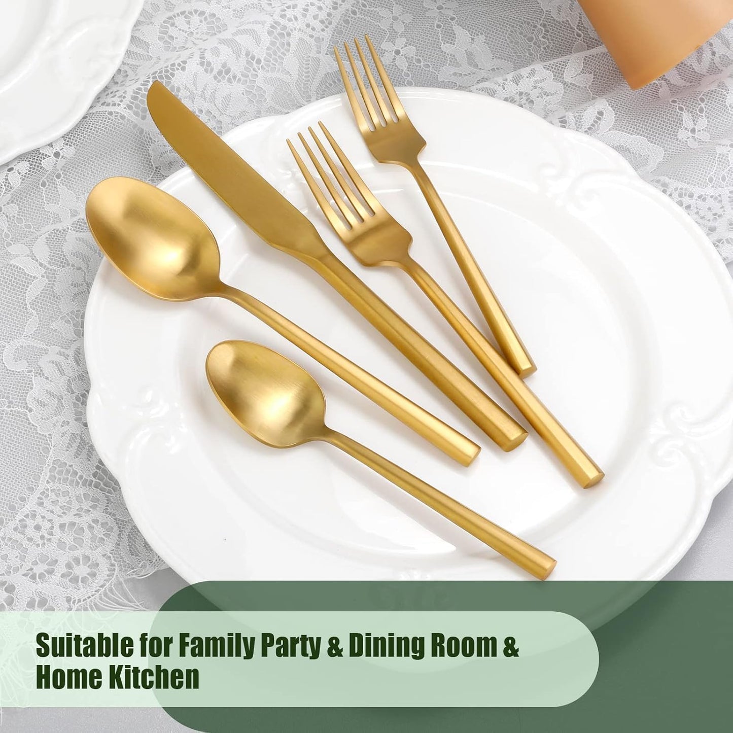 DEACORY Silverware Set Flatware Set Matte Gold Cutlery Set Heavy Hexagon Handle Stainless Steel 60 Pieces Dishwasher Safe Service for 12