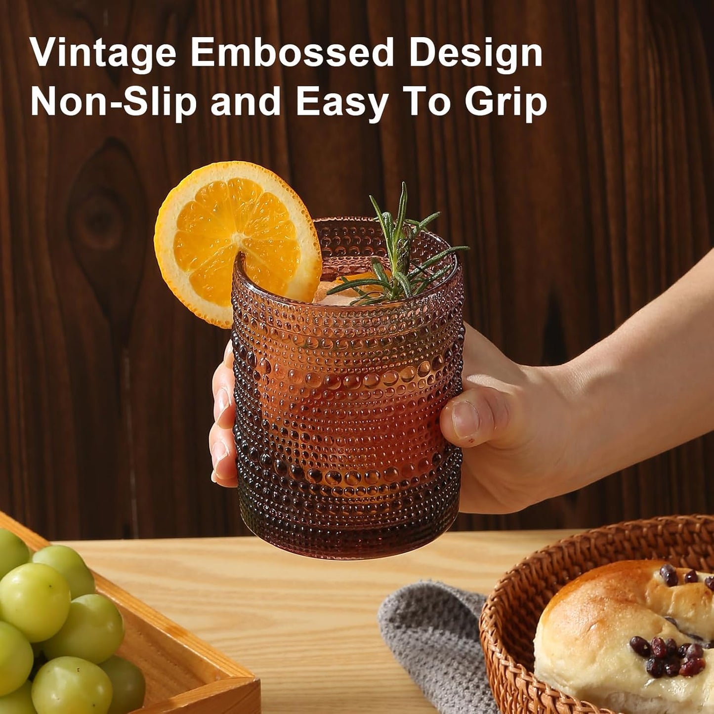 Vintage Glassware Drinking Glasses Set of 12,Purple 12oz & 15oz Hobnail Glass Cups,Embossed Water Tumbler,for Beer,Cocktail,Whiskey,Juice and Various Mixed Drinks- 1 Cleaning Brush