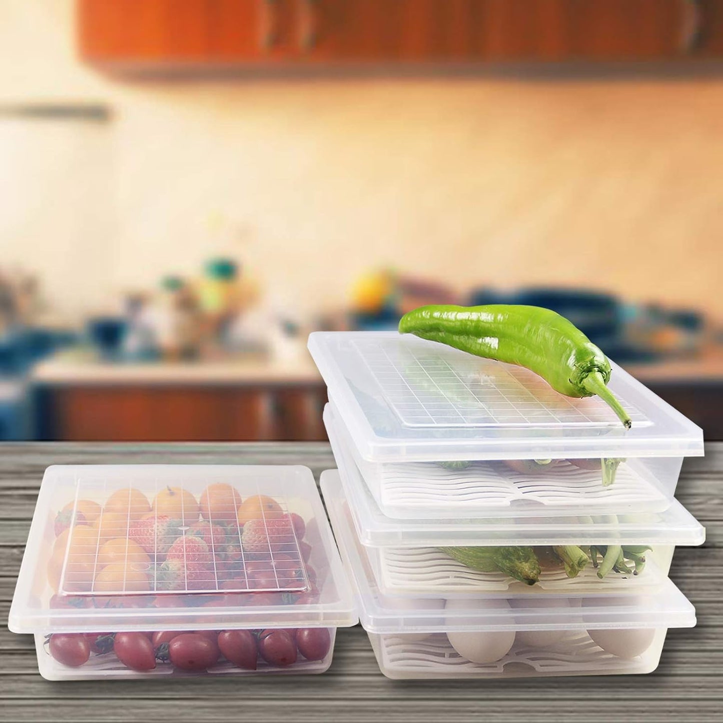 Food Storage Container, Plastic Food Containers with Removable Drain Plate and Lid, Stackable Portable Freezer Storage Containers - Tray to Keep Fruits, Vegetables, Meat and More (4,Large)