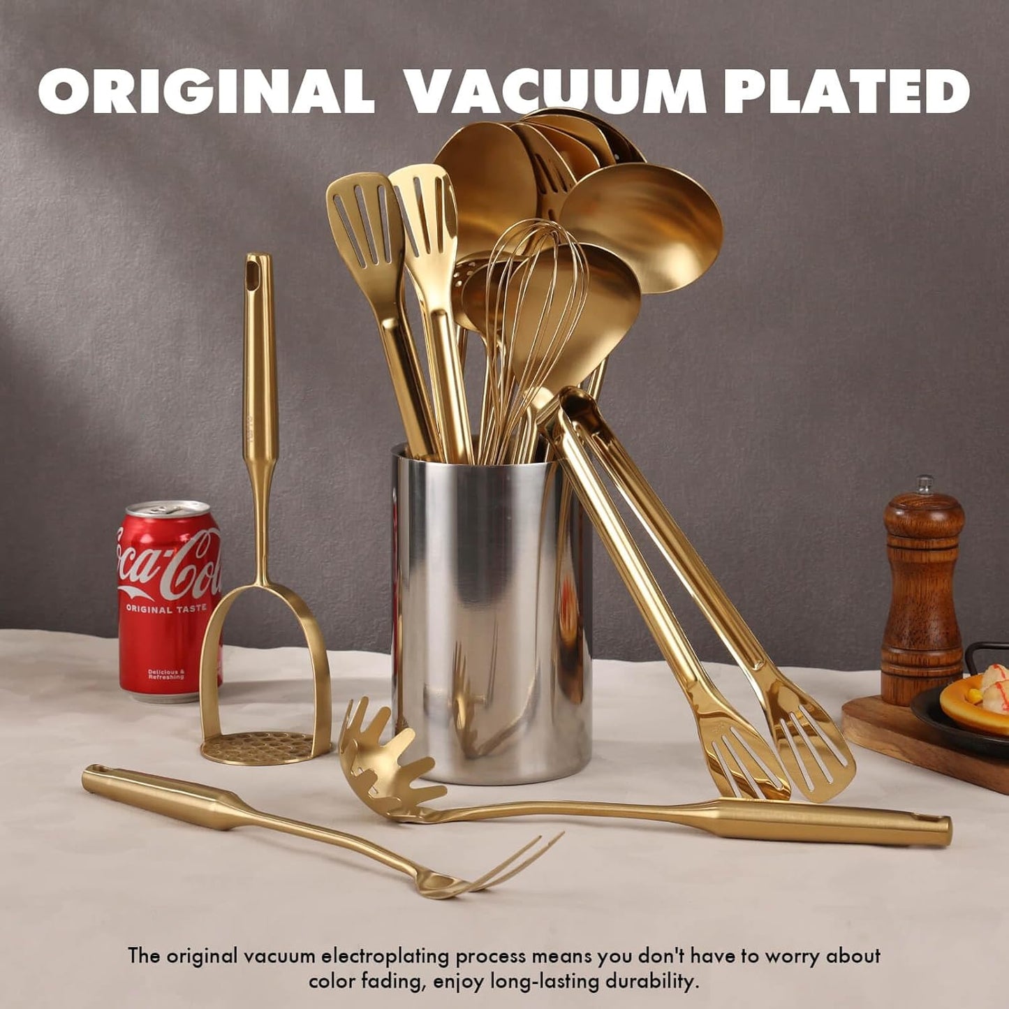 Gold Cooking Utensils Set - 18/10 Stainless Steel Small and Large Spoons Set, 16 PCS All Metal Kitchen Tools, Serving Utensils - Whisk, Masher, Fork, Tongs, Spatula, Turner, Ladle, Skimmer, Pasta