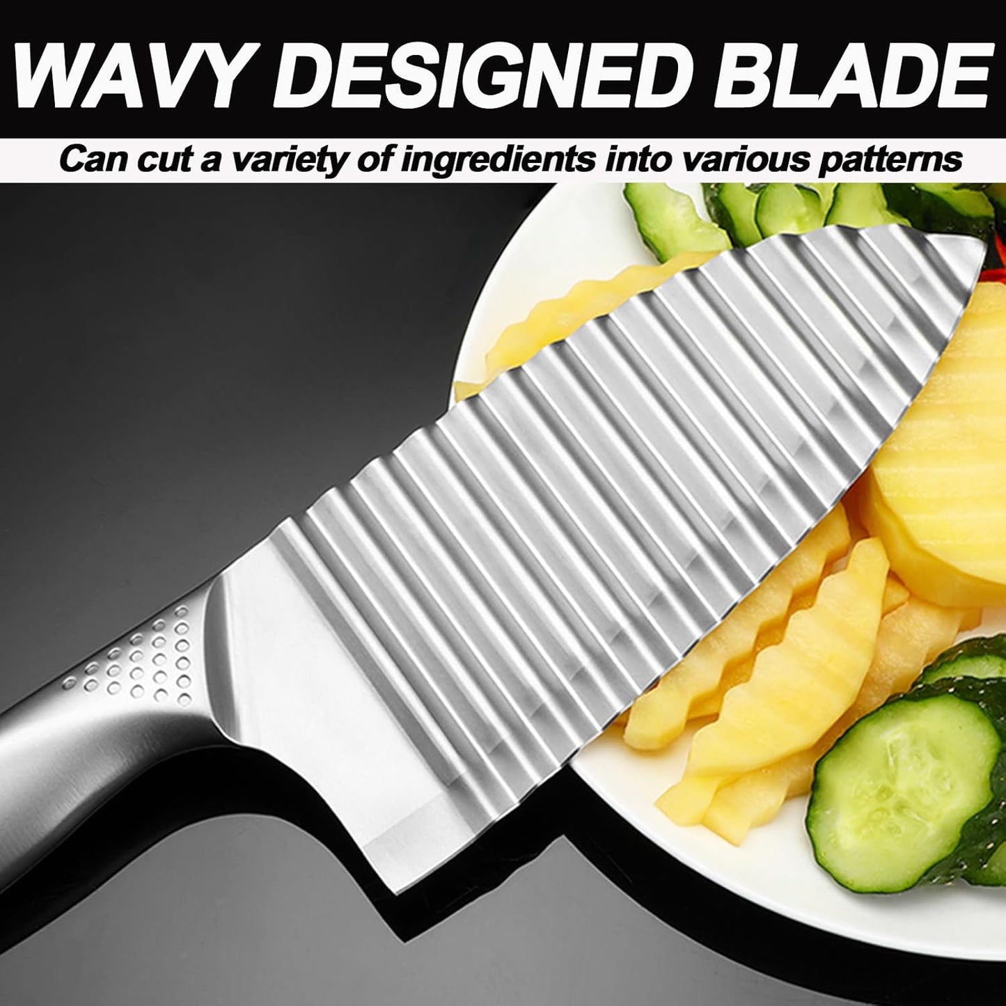 NOVANO Stainless Steel Crinkle Cutter with Wavy French Fries Chopper for Potato, Carrot and fruit, Waves French Fries Slicer Handheld Chopper，Dicer, Kitchen Gadgets & Essentials