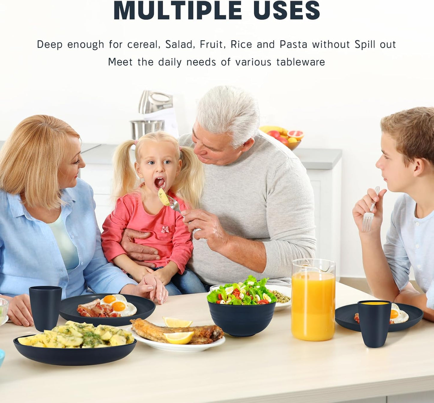 Kitchen Wheat Straw Dinnerware Sets (33pcs) Attached cleaning brush,Service For 8,Plastic Plates and Bowls Sets,Unbreakable Dinnerware,Lightweight Plastic Plate Set (Navy blue)