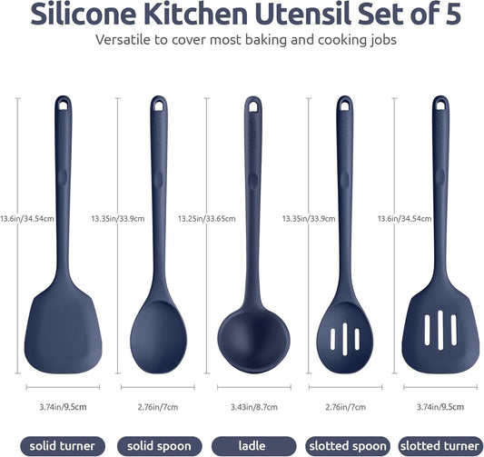 Silicone Kitchen Cooking Utensil Set: U-Taste High Heat Resistant 13.6in Kitchen Gadgets, BPA Free Non Stick Rubber Cook Accessories For Stir Frying, Serving, Basting, Mixing (5 Pieces, Midnight Blue)