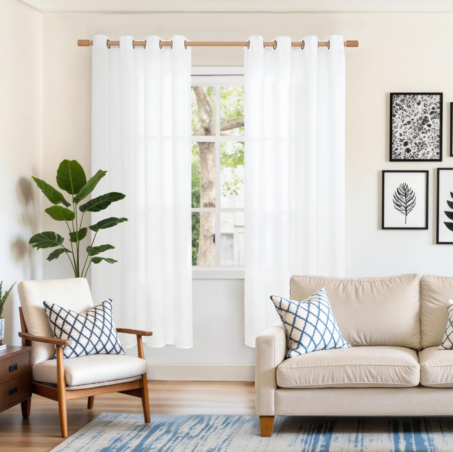 YoungsTex White Linen Semi Sheer Curtains for Living Room 52 X 72 Inch, Bronze Grommet Textured Window Drapes Light Filtering for Dining Room Bedroom, 2 Panels