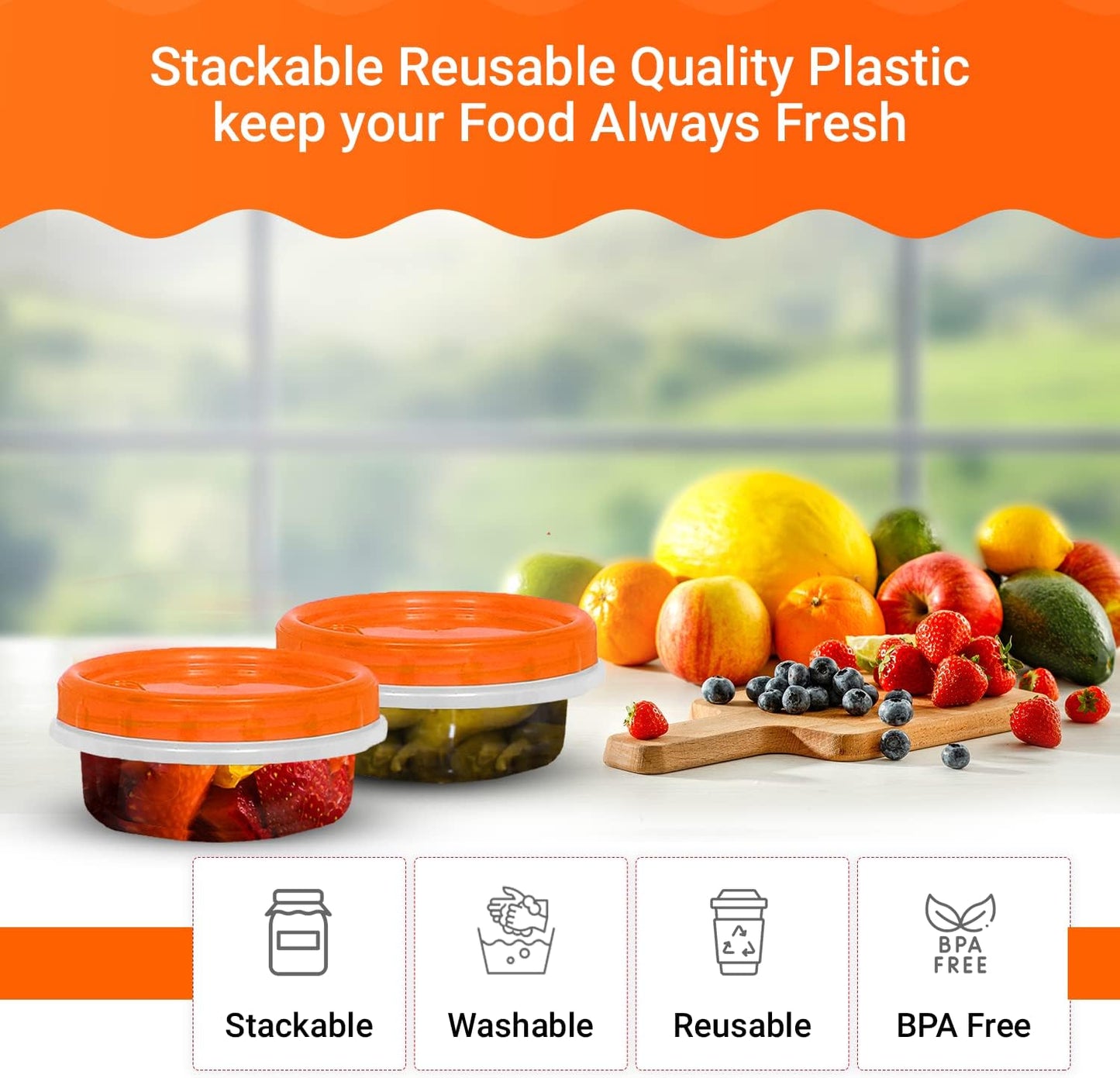 [Orange - 12 Pk] Airtight Deli Containers with Lids Twist Lock Top Clear Food Storage for Meal Prep Snacks and Leftovers Freezer and Microwave Safe Stackable Leak-Resistant and 12 Pc. Set (8 Ounce)