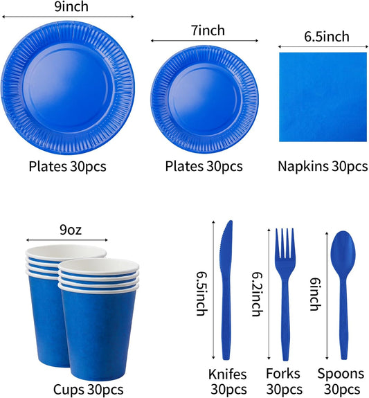 210pcs Thanksgiving Blue Paper Plates Disposable Tableware Party Supplies - Includes 9" Dinner Plates, 7" Dessert Plates, 9oz Paper Cups, Napkins, Plastic Forks Serves 30