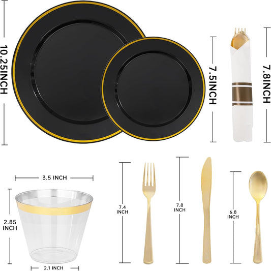 SUT 350 Pcs Black and Gold Plastic Dinnerware Set for 50 Guests, Include: 50 Dinner Plates, 50 Dessert Plates, 50 Pre Rolled Napkins With Silverware, 50 Cups, Disposable Plates for Halloween, Party