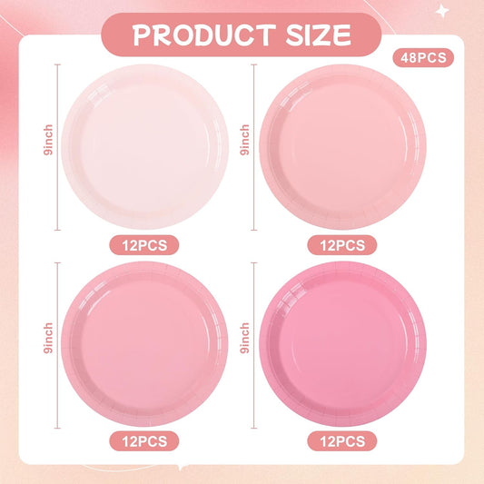 48Pcs Pink Paper Plates Gradient Color Party Plate 9 Inch Disposable Round Dinner Dessert Plates for Pink Bow Birthday Wedding Baby Bridal Shower Coquette Party Supplies