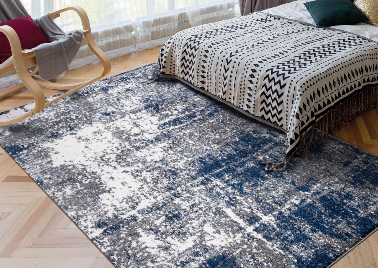 Keen Home Design Area Rugs - 10x14 Non-Shedding, Abstract Rugs for Kitchen, Living Room, Bedroom, Dining Room, Entryway - Size: 9'10" x 14', Navy/Grey/White