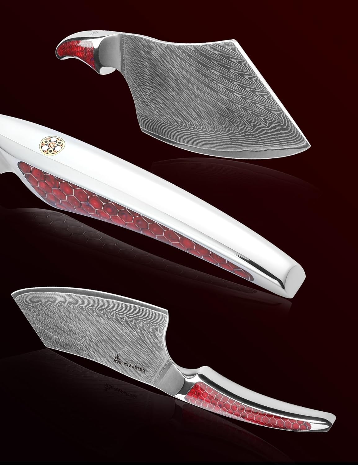 7 inch Nakiri Knife, Japanese VG-10 Damascus Steel Meat Cleaver, Ultra Sharp Vegetable Knife with Full-tang Handle in Red Resin, LA-S9 Series