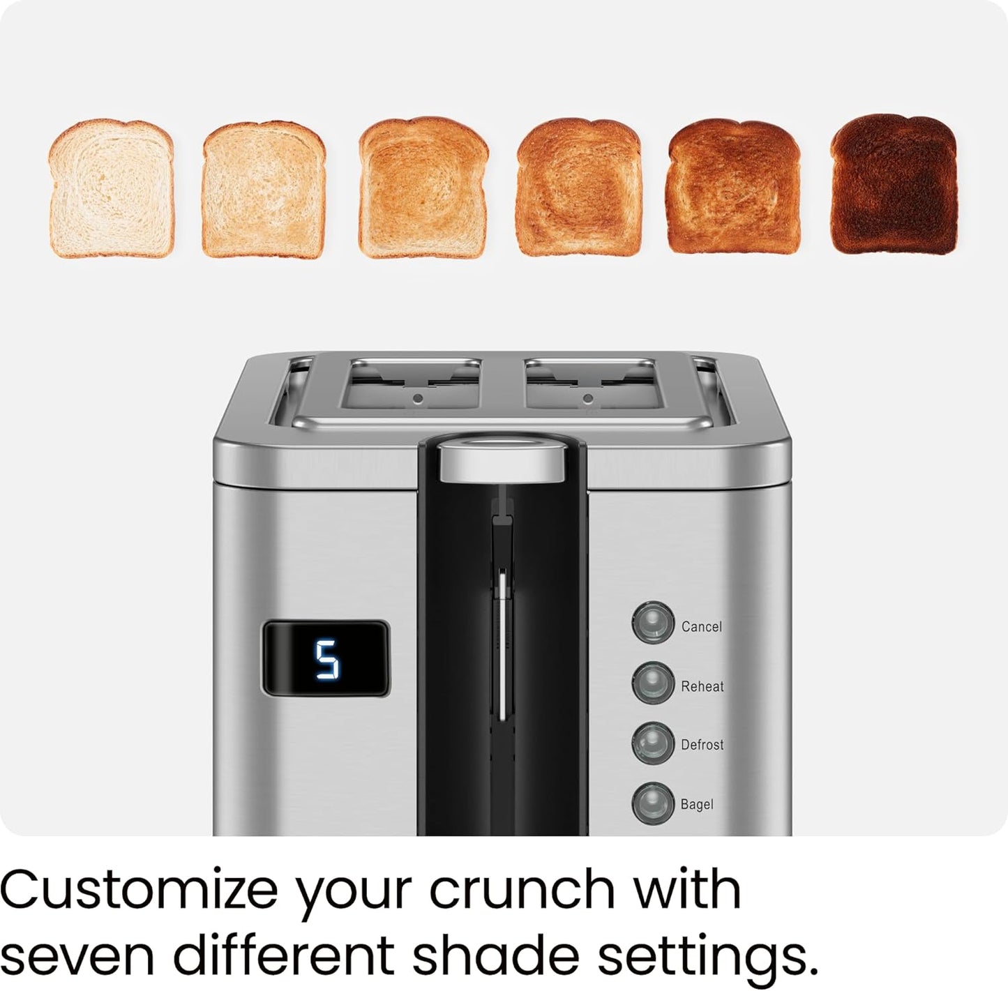 Chefman 2-Slice Digital Toaster, Pop-Up, Stainless Steel, Extra-Wide Slots For Bagels, Defrost, Reheat, Cancel Functions, Removable Crumb Tray