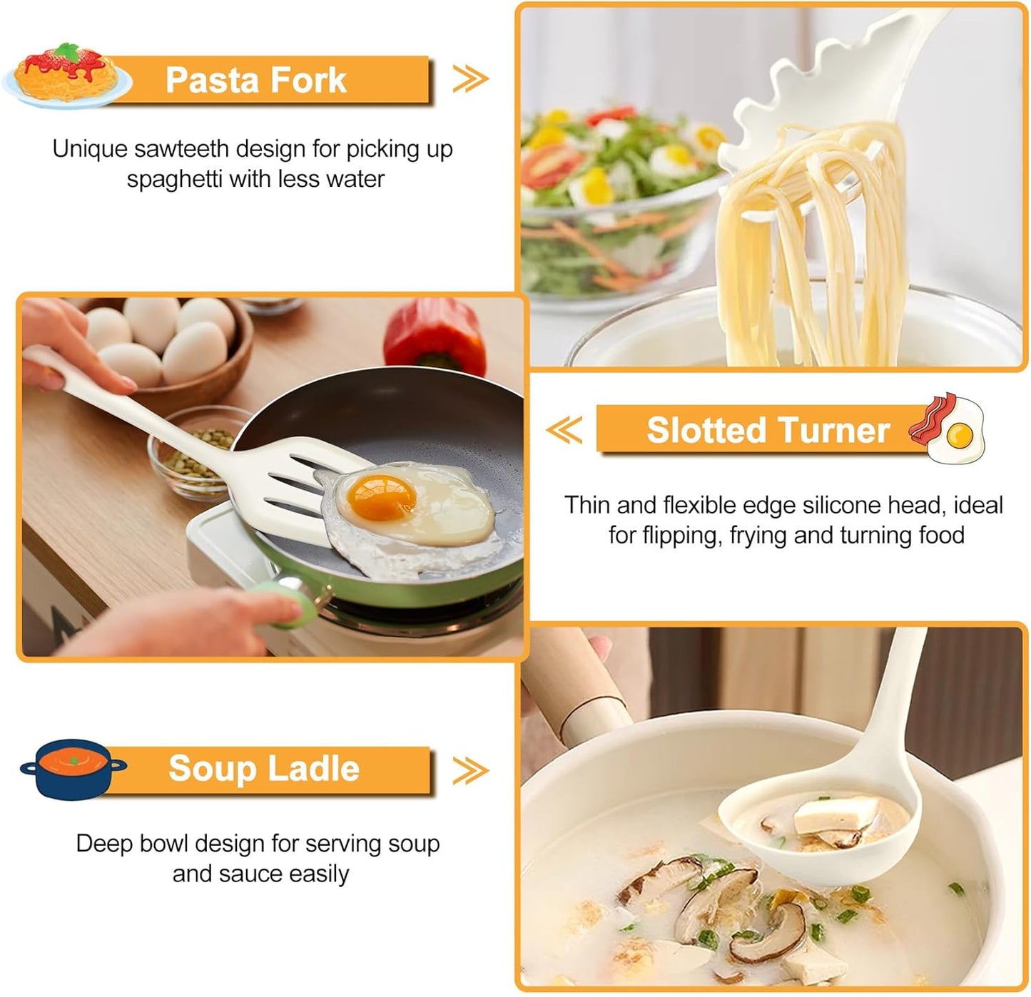 TeamFar Silicone Cooking Utensils Set, 7-Piece Heat Proof Kitchen Utensils Set, Kitchen Tools Spatula Turner Ladle Spoon Pasta Fork for Nonstick Cookware, Non-Toxic & Dishwasher Safe, White