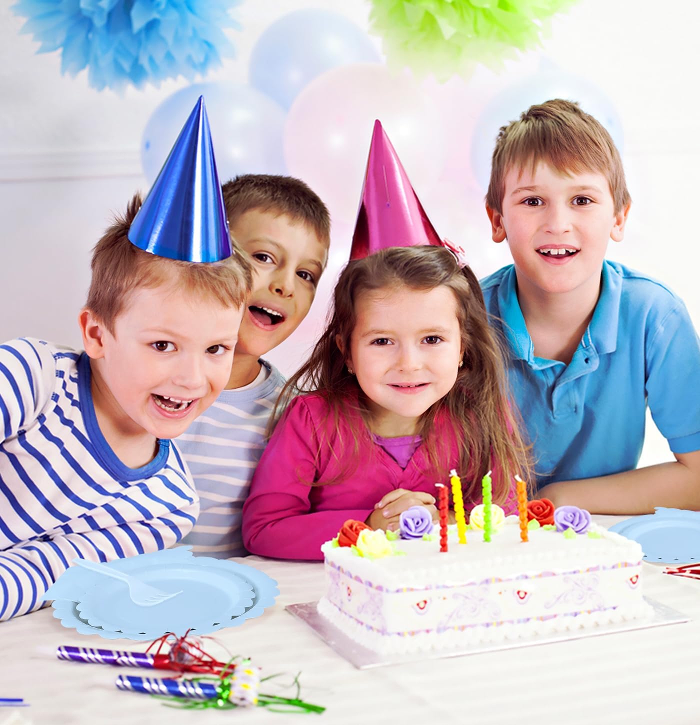 96 Pcs Light Blue Plates and Napkins Party Supplies Serve 24 Guests Including Blue Scalloped Paper Plates and Napkins Plastic Forks for Baby Shower Birthday Party Disposable Dinnerware Set