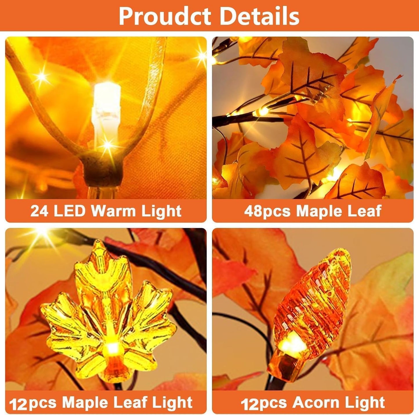 2 Pack 24 Inch Prelit Fall Maple Tree Decorations with 48 LEDs Timer Fall Battery Operated Lighted Artificial Pumpkin Light Up Maple Tree for Thanksgiving Harvest Table Home Indoor Decor