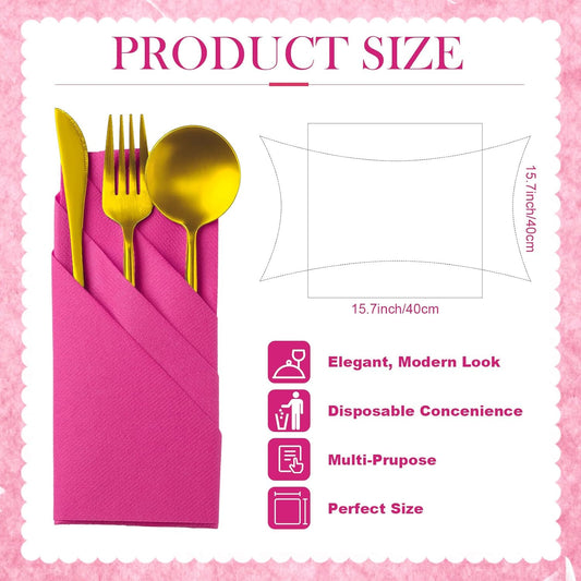 Qilery 100 Pcs Paper Linen Napkins Disposable Airlaid Paper Prefolded Dinner Napkins with Built in Flatware Pocket for Silverware Valentine Wedding Party Christmas Day (Hot Pink)