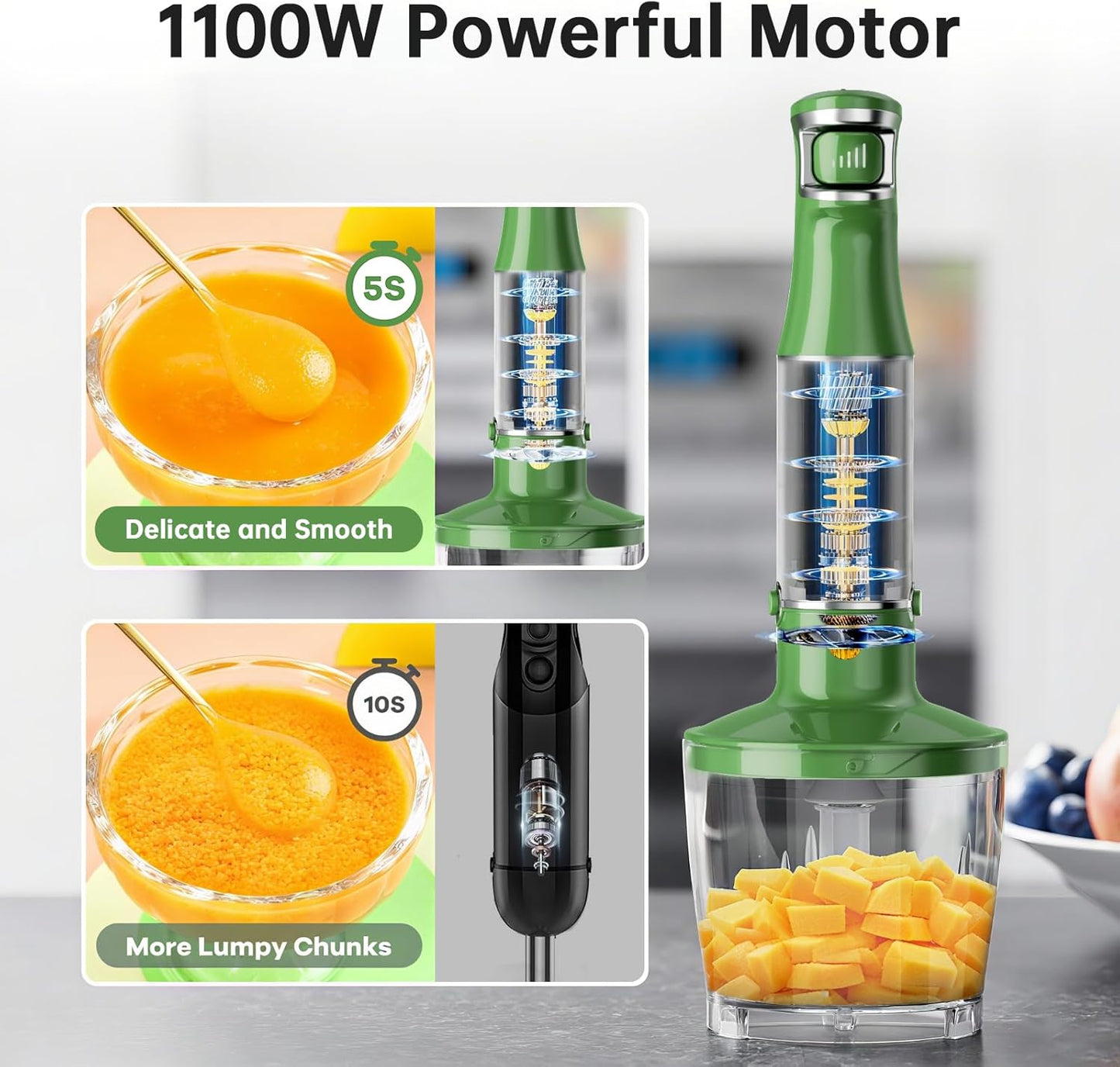 Immersion Blender Handheld Corded Hand Blenders Set 1100W, Trigger Variable Speed 5 in 1 Stick Emulsifier with Chopper, Whisk and Frother for Soup, Baby Food and Smoothies, Green