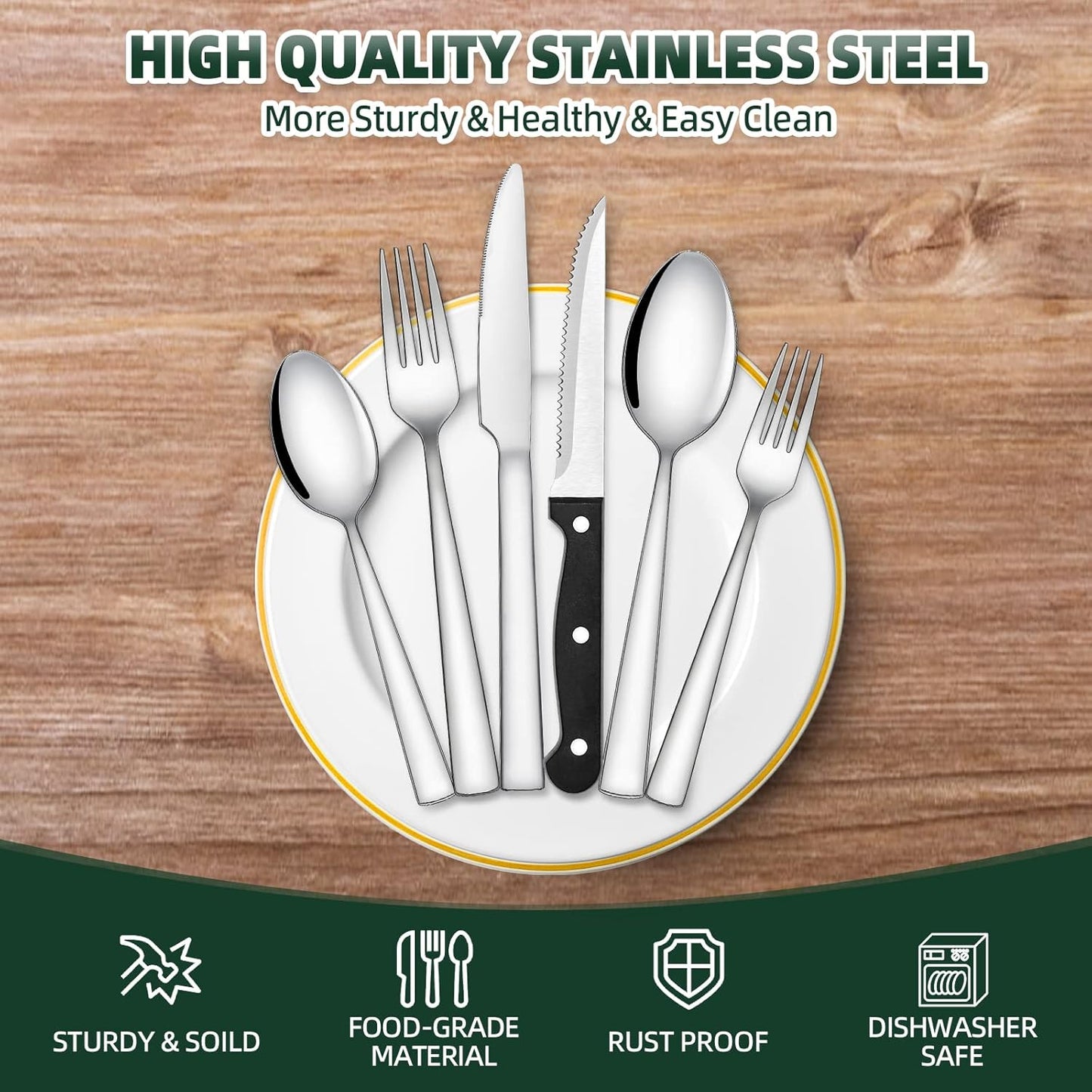 48-Piece Silverware Set, CEKEE Stainless Steel Flatware Set for 8 with Steak Knives, Mirror Polished Kitchen Utensils Set, Tableware Cutlery Set for Home, Dishwasher Safe - Spoons and Forks Set
