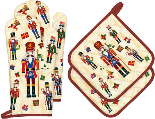 Christmas Nutcracker Oven Mitts and Pot Holders Sets 4Pcs, 100% Cotton Heat Resistant, Extra Long Oven Gloves Potholder for Kitchen Cooking Baking Decoration