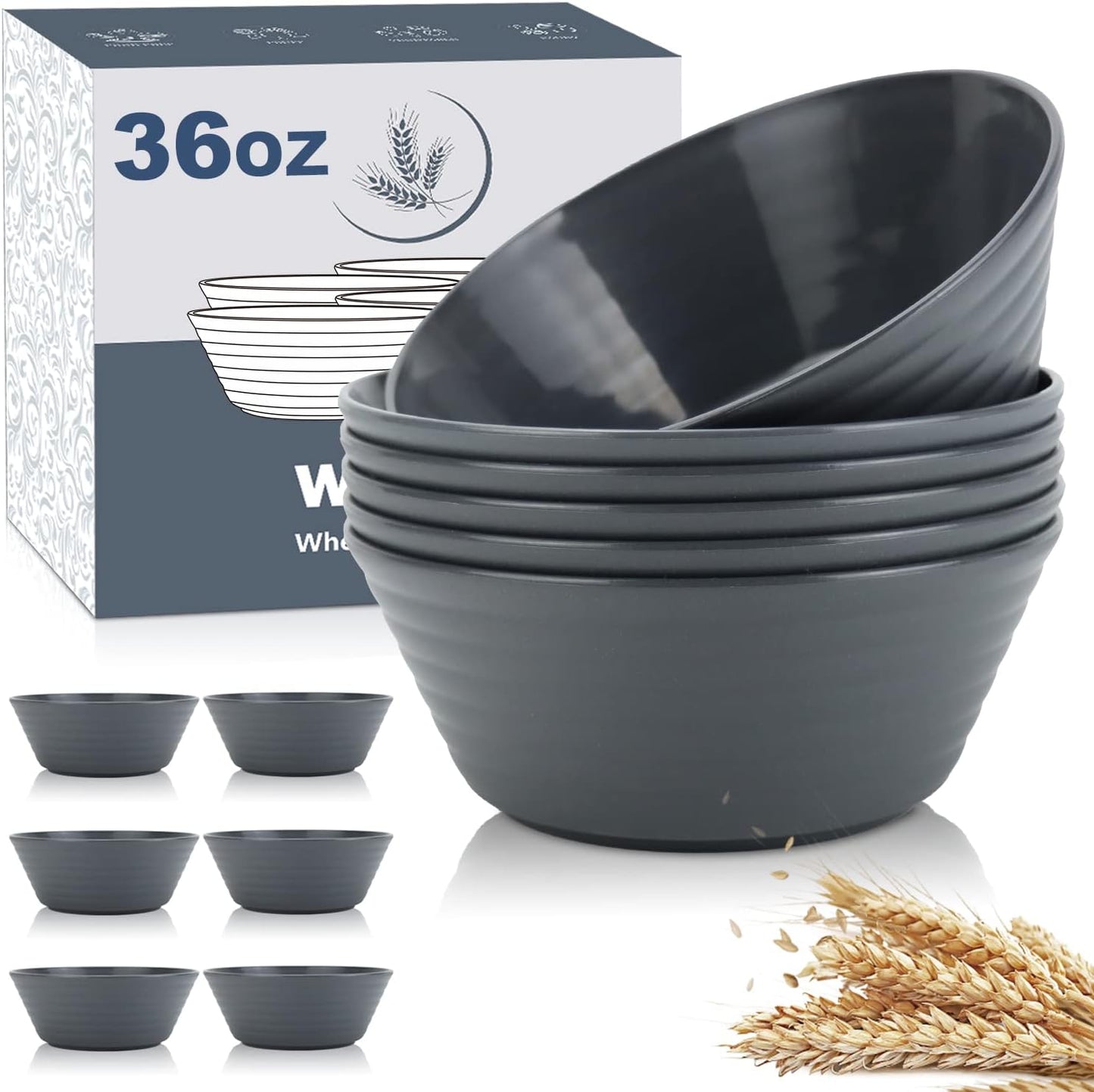Wrova Wheat Straw Bowl Sets,6PCS Unbreakable Cereal Bowl 36 OZ,Microwave and Dishwasher Safe Bowls,Salad Bowls for Dorm,Apartment,Camping,Picnic (Deep Grey)