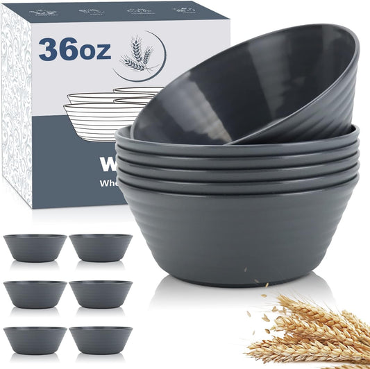 Wrova Wheat Straw Bowl Sets,6PCS Unbreakable Cereal Bowl 36 OZ,Microwave and Dishwasher Safe Bowls,Salad Bowls for Dorm,Apartment,Camping,Picnic (Deep Grey)
