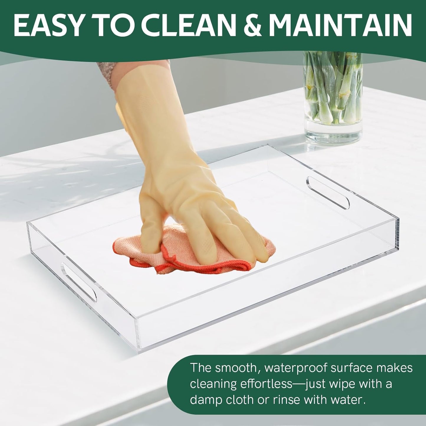 MYFULLY Clear Acrylic Serving Tray 10”x15”, Spill-Proof Decorative Serving Trays with Handles for Coffee Table, Bathroom, Kitchen, and Countertop Storage