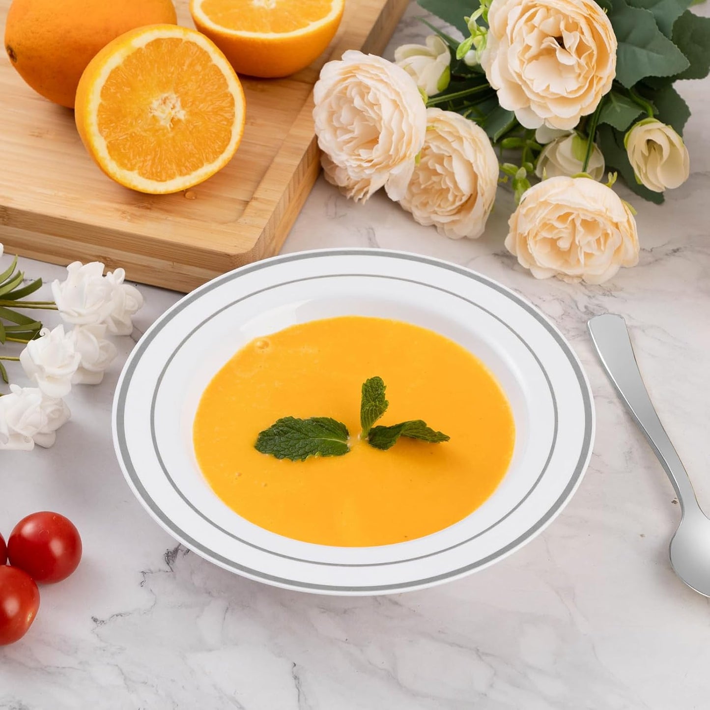 Goodluck 50 Pack Plastic Bowls with Silver Rim, 12oz Disposable Soup Bowls for Weddings, Parties, Dinners, Catering, and Everyday Use