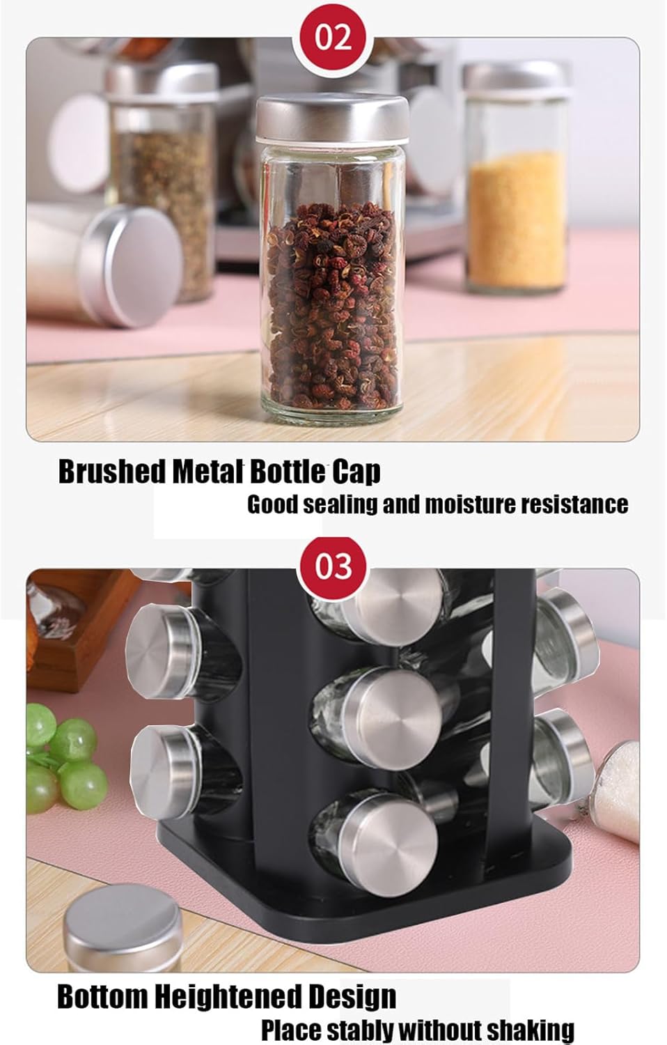 Spice Rack, Spice Rack Organizers for Countertop, Rotating Countertop Spice Rack, Revolving Spice Rack for Kitchen, Kitchen Gadgets, Organizer Rack with Spice Jars (Black, SquareHead_12Jars)
