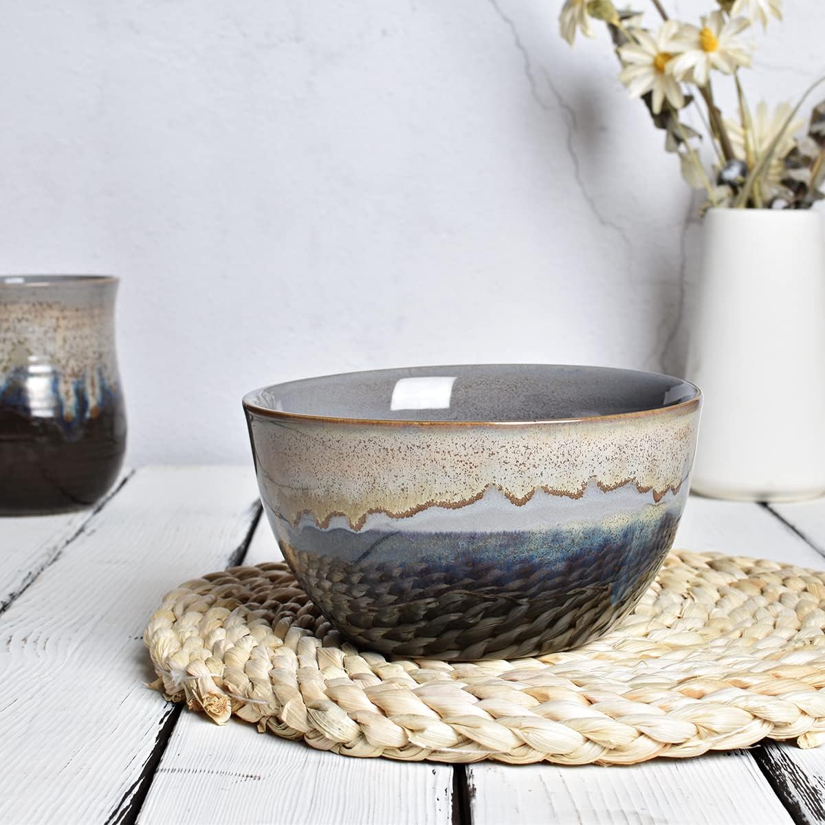 Bosmarlin Stoneware Cereal Bowls Set of 4, 26 Oz, Soup Bowls for Oatmeal, Salad, Dishwasher and Microwave Safe, Reactive Glaze (26 Oz, Grey)