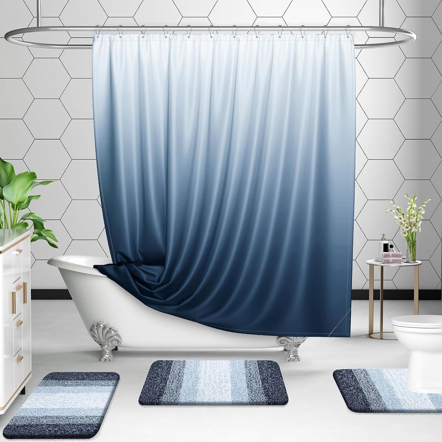 OLANLY Bathroom Rug Set 2 Piece, Soft Absorbent Microfiber Bath Rug Set, Non-Slip, Machine Wash Dry, Plush Shaggy Bath Mats for Bathroom (47"x20"+24"x16", Dark Blue)