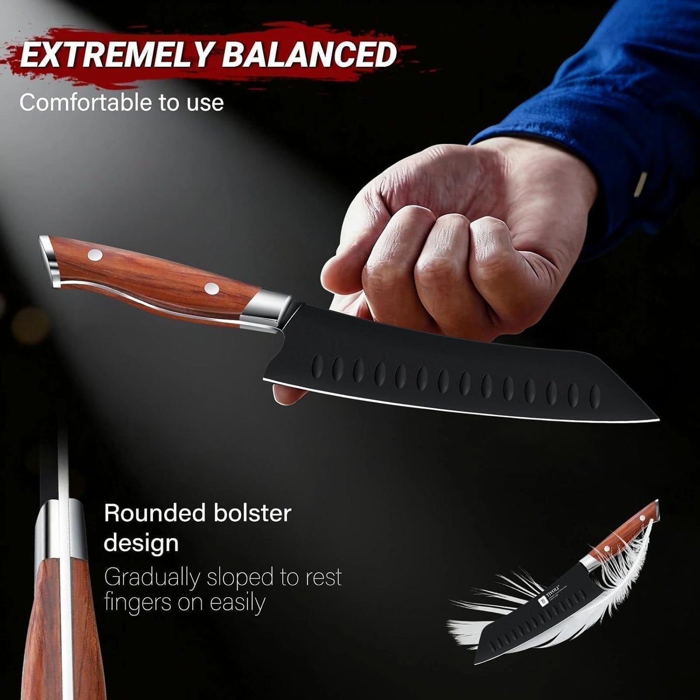 TIVOLI Chef Knife Set, Professional 3PC Santoku Knives Set, High Carbon Steel Ultra Sharp Deep Cooking Knife Set with Ergonomic Wood Handle for Meat Vegetable Fruit, Dad Mom Gift