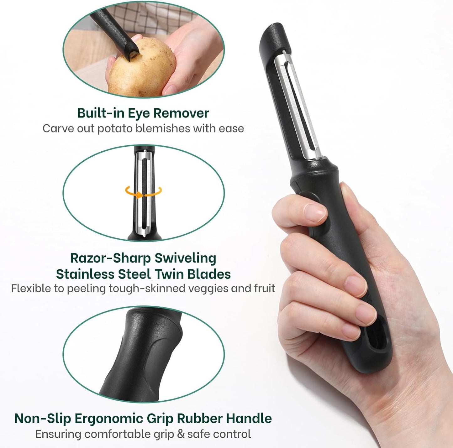Beneno Swivel Vegetable Peeler, Razor-Sharp Smooth Peeling Stainless Steel Blades, Ergonomic Comfort Non-Slip Rubber Handle, Durable Kitchen Peeler Tool with Potato Eye Remover, Dishwasher Safe, Black