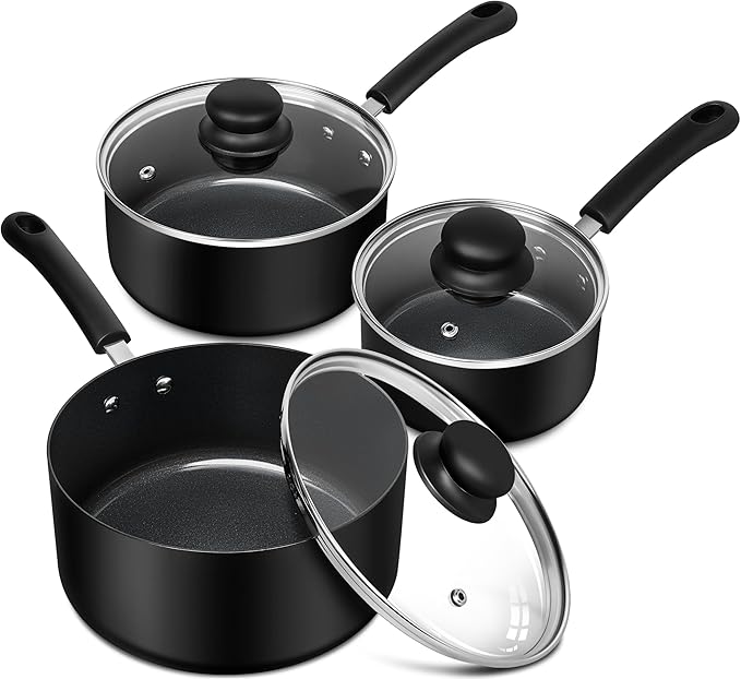 MICHELANGELO Nonstick Saucepan with Lid, Ceramic Sauce Pan Sets, Easy to Clean Sauce Pans, Multi-Purpose Cooking Pots, 1QT & 2QT & 3QT, Black