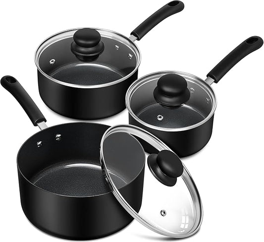 MICHELANGELO Nonstick Saucepan with Lid, Ceramic Sauce Pan Sets, Easy to Clean Sauce Pans, Multi-Purpose Cooking Pots, 1QT & 2QT & 3QT, Black