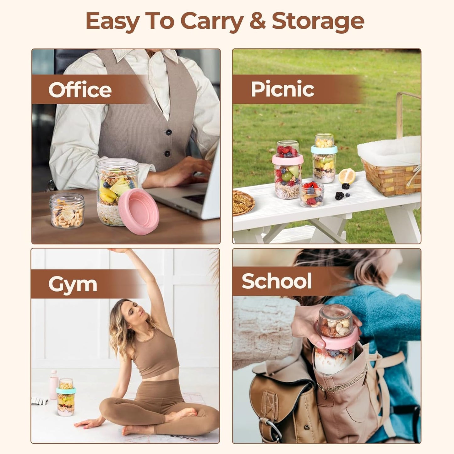 ComSaf 2-Pack 16 oz Overnight Oats Containers with Lids, Dual-Laryer Chia Pudding Jars with Dry and Wet Separation, Yogurt Parfait Cups for Oatmeal Cereal Nut Fruit, Meal Prep Glass Jars for Salad