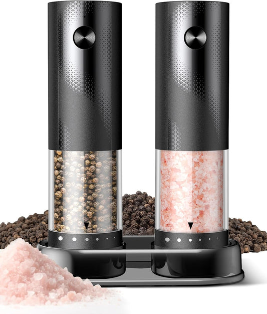 Electric Salt and Pepper Grinder Set - Rechargeable Automatic Salt and Pepper Shakers, Kitchen Appliances with External Adjustable Coarseness, Larger Hopper for Cooking, Home Gifts(2 Pack,Black/Black)