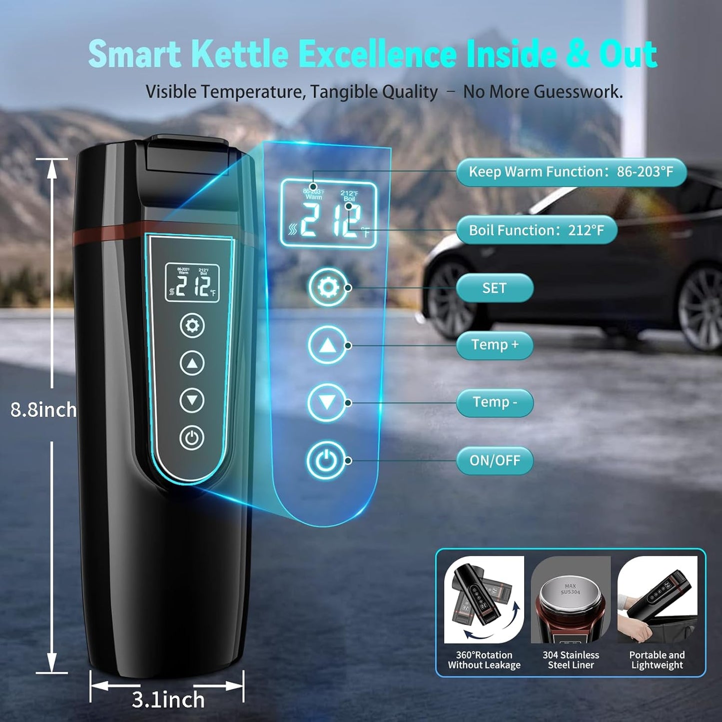 Car Electric Kettle for Travel : FVPE 12V/24V Small Electric Water Kettle, Multi-Temp Control 400 mL Portable Car Water Boiler for Brewing Coffee Tea,LCD Display 304 Stainless Steel Truck Heating Cup