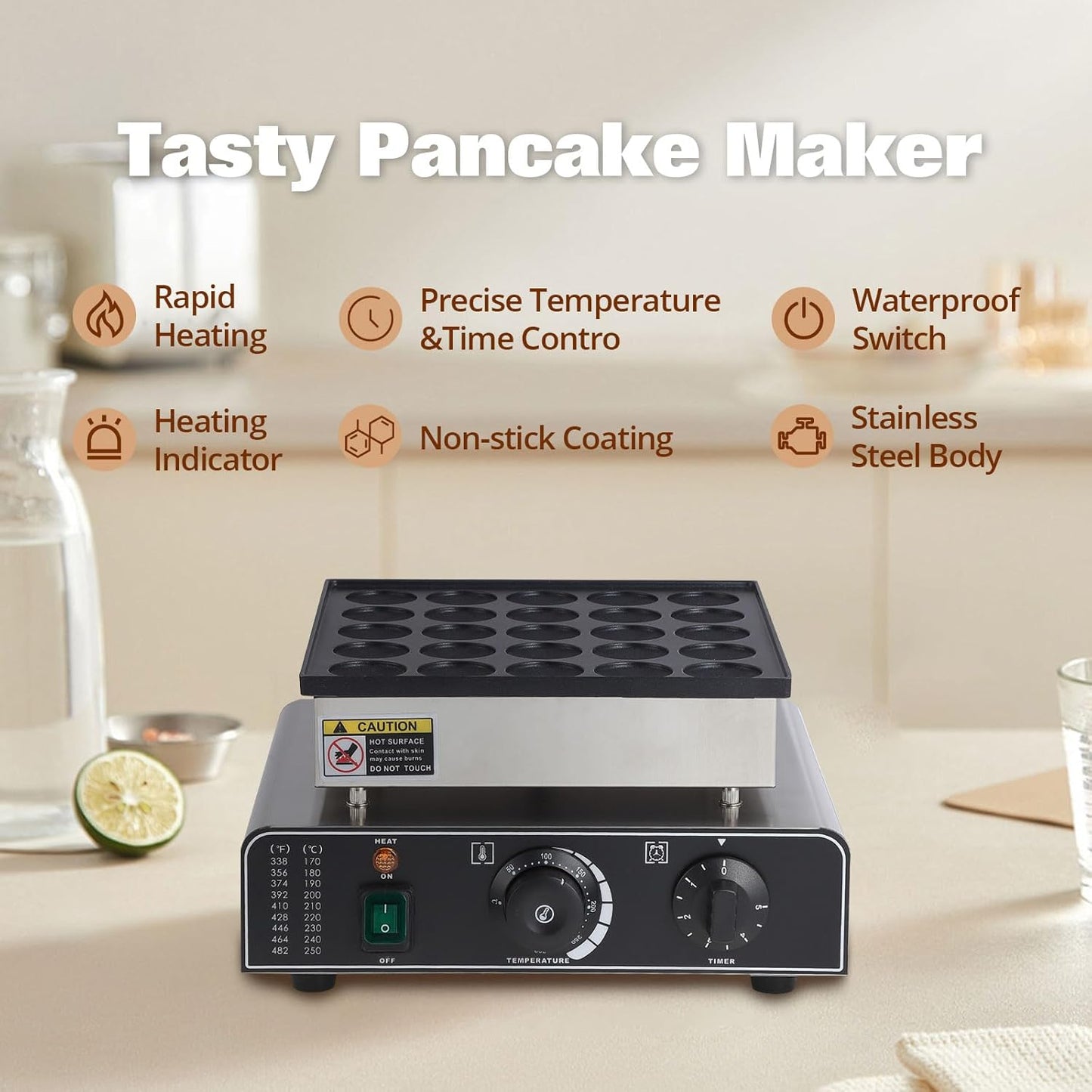 25PCS Mini Pancake Maker, 850W Non-Stick Dutch Poffertjes Grill, Stainless Steel, for Quick Breakfast, Snacks, Desserts, Home and Commercial Use